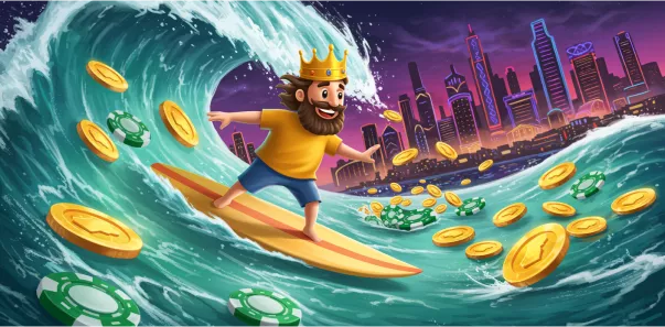 SpinRise Casino – König surft auf Welle voller Chips und Gold vor Neon-Stadt