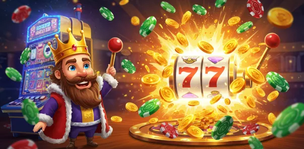 SpinRise Casino – 777-Slot explodiert mit Münzen und Jetons neben dem glücklichen König
