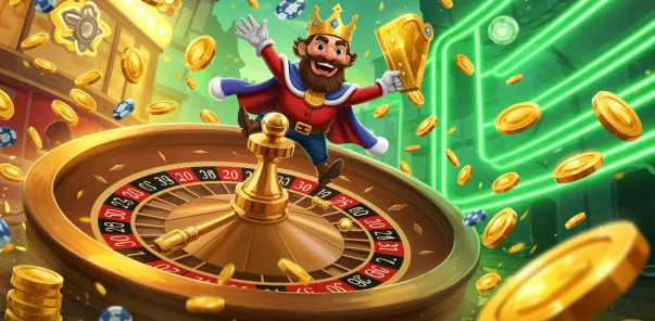 SpinRise Casino – König jubelt auf Roulette-Rad mit Geldregen und Neonlicht